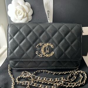 CHANEL 20K NEW FRENCH WAVE WALLET ON CHAIN WOC BLACK CAVIAR LEATHER GHW